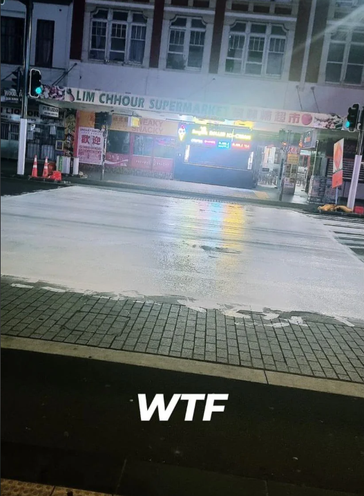 Image posted to Reddit showing the white paint over Auckland's rainbow crossing on Karangahape Rd. Photo / Reddit