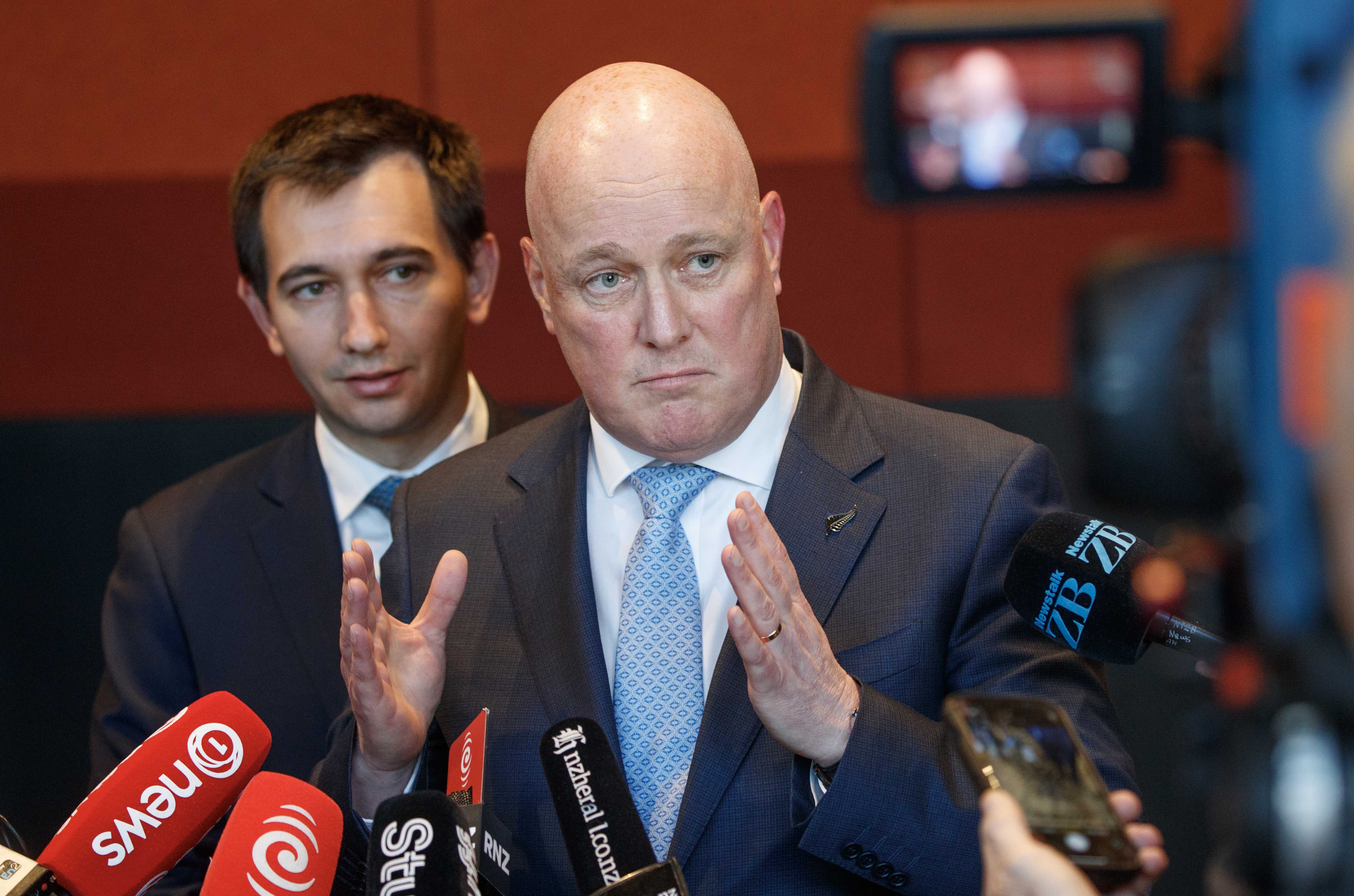 Prime Minister Christopher Luxon and Local Government Minister Simeon Brown speak to the media after Luxon's speech to the LGNZ conference in Wellington. Photo / Mark Mitchell