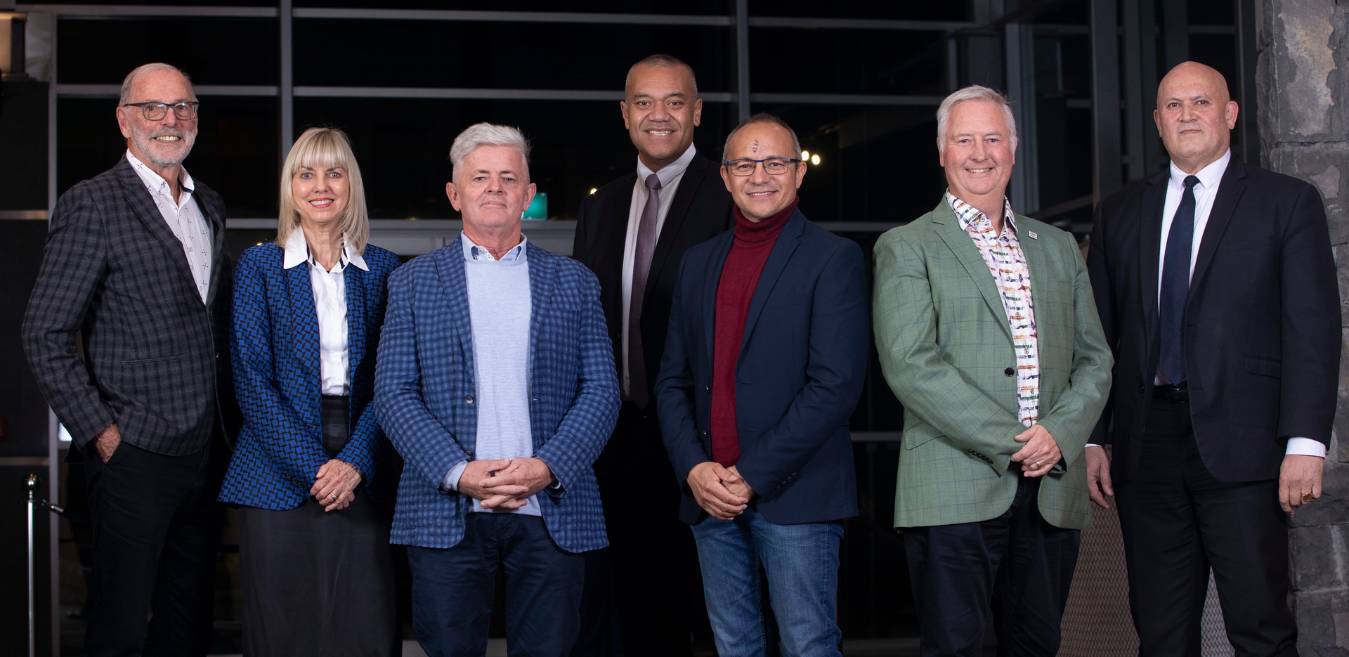 Auckland mayoral candidates Wayne Brown, Viv Beck, Leo Molloy, Efeso Collins, Craig Lord, Gary Brown and Ted Johnston before the Meet the Candidates held by the Penrose Business Association.