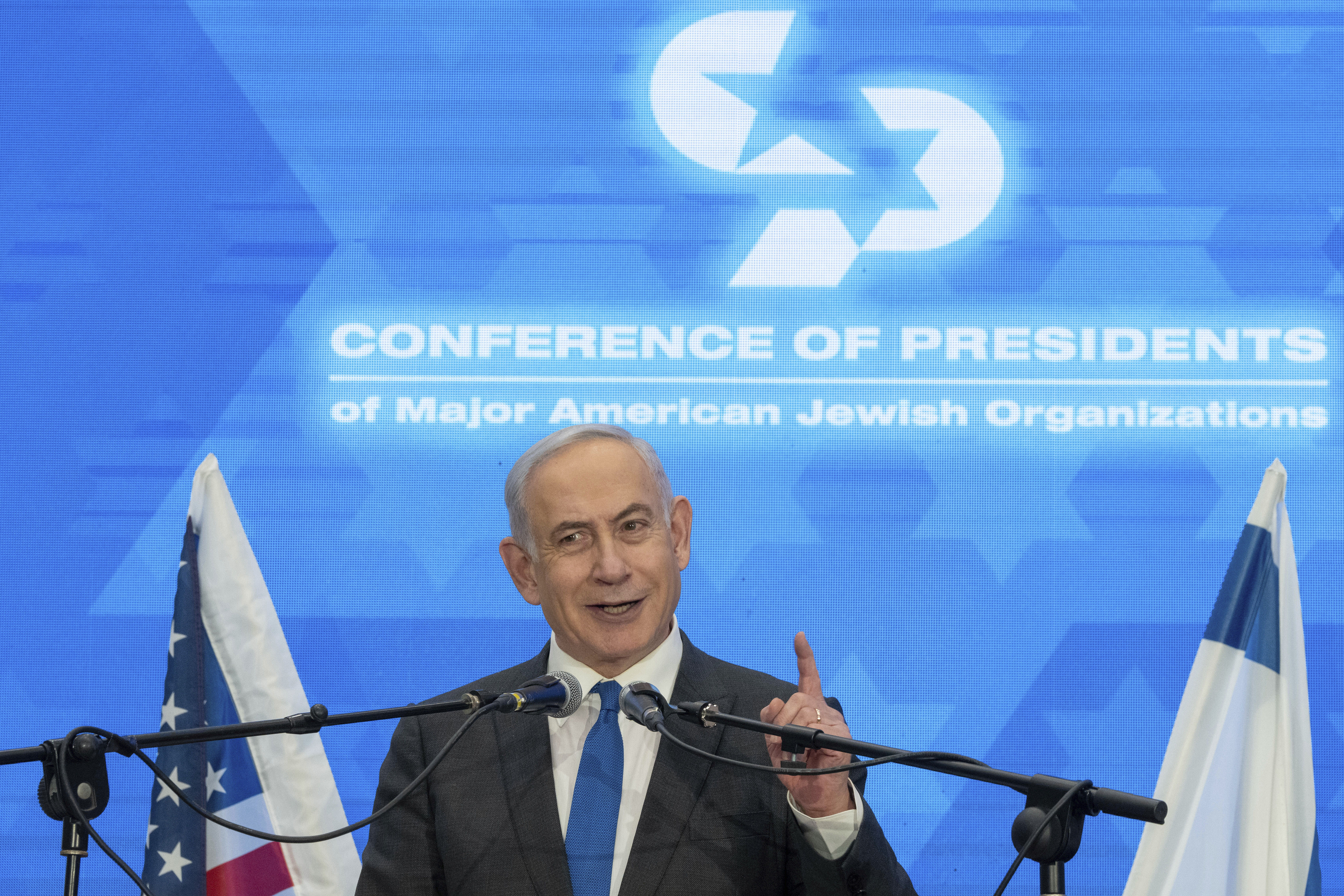 Prime Minister Benjamin Netanyahu speaks during a gathering of Jewish leaders at the Museum of Tolerance in Jerusalem. Photo / AP