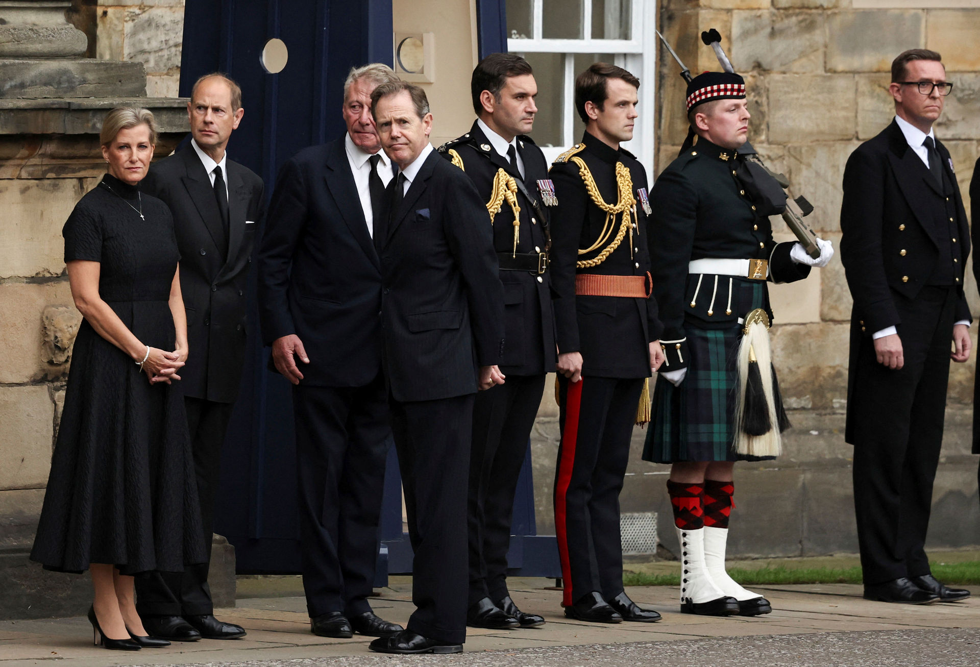 Sophie, the Countess of Wessex and Prince Edward and others await the hearse carrying the coffin of Queen Elizabeth II. Photo / Alkis Konstantinidis via AP
