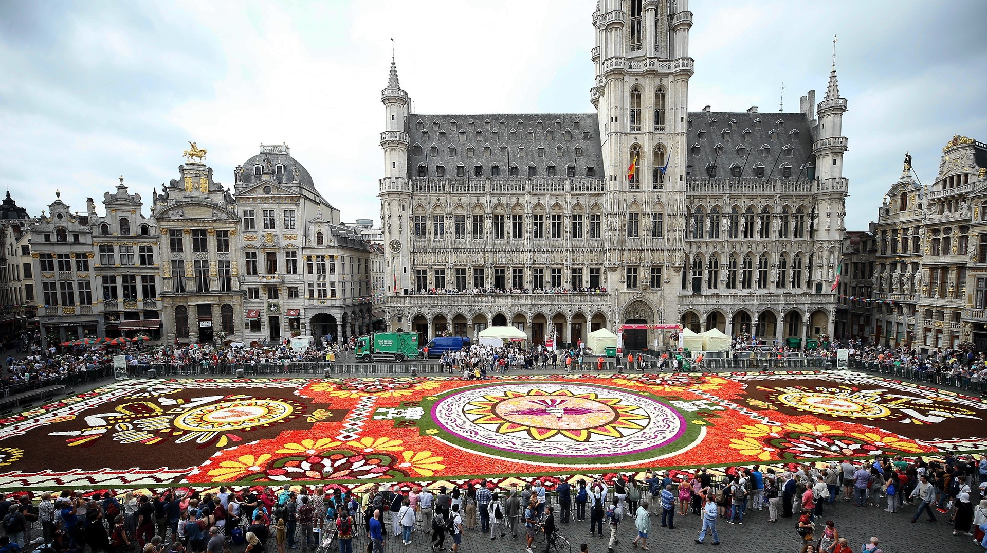 The intricate flower carpet always draws a crowd at the historic Grand Place Square in Brussels. Photo / Getty Images