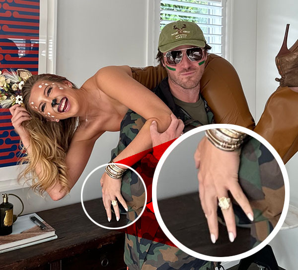 Lee and Harry Hart pictured dressed up for Nick Mowbray and Jaimee Lupton's Halloween party with a ring on her engagement finger.
