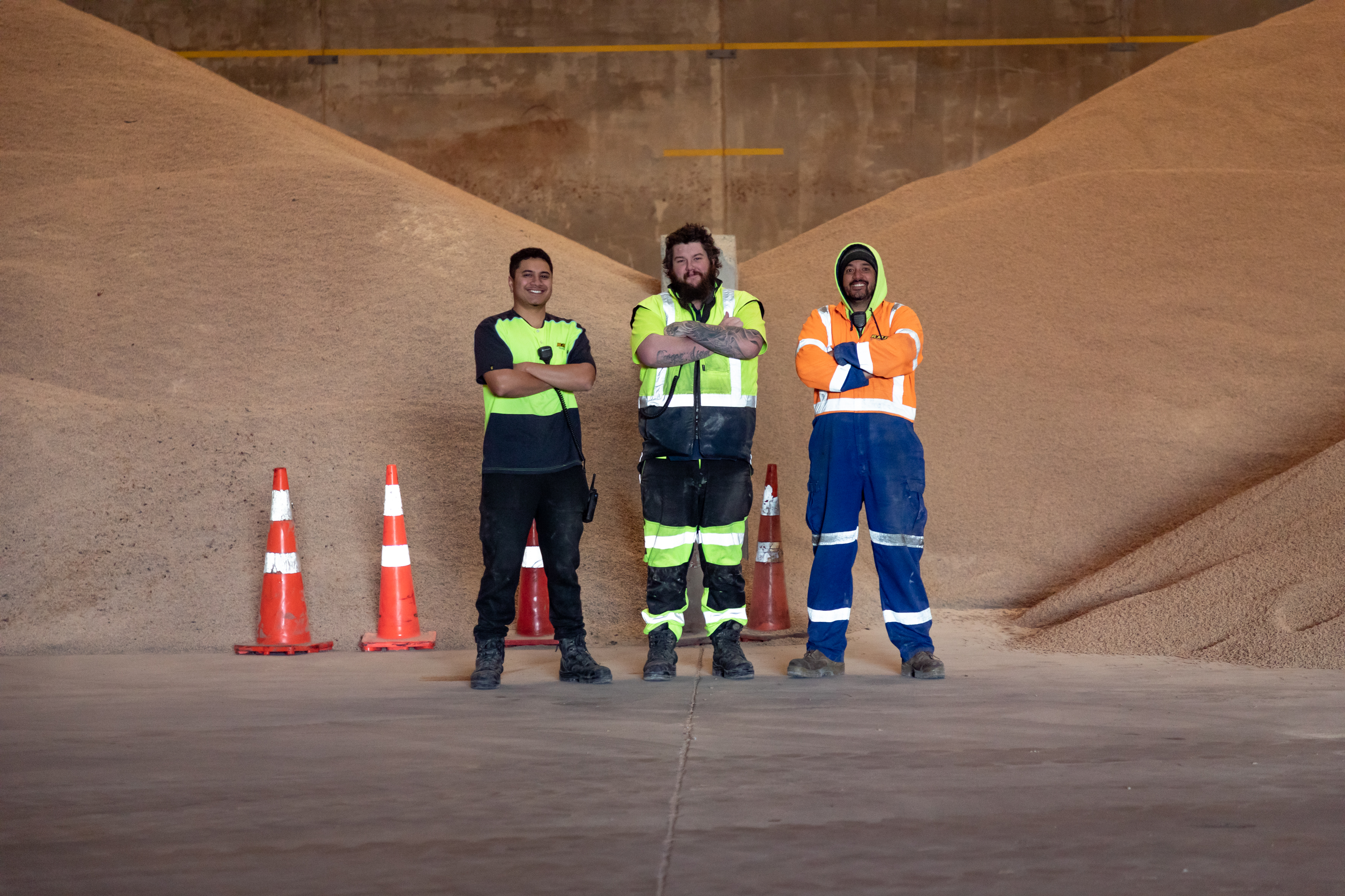 Maui Rakei, Stephen Hall and Garry Goodhew at the RMD Transport storehouse. Photo / Alex Cairns
