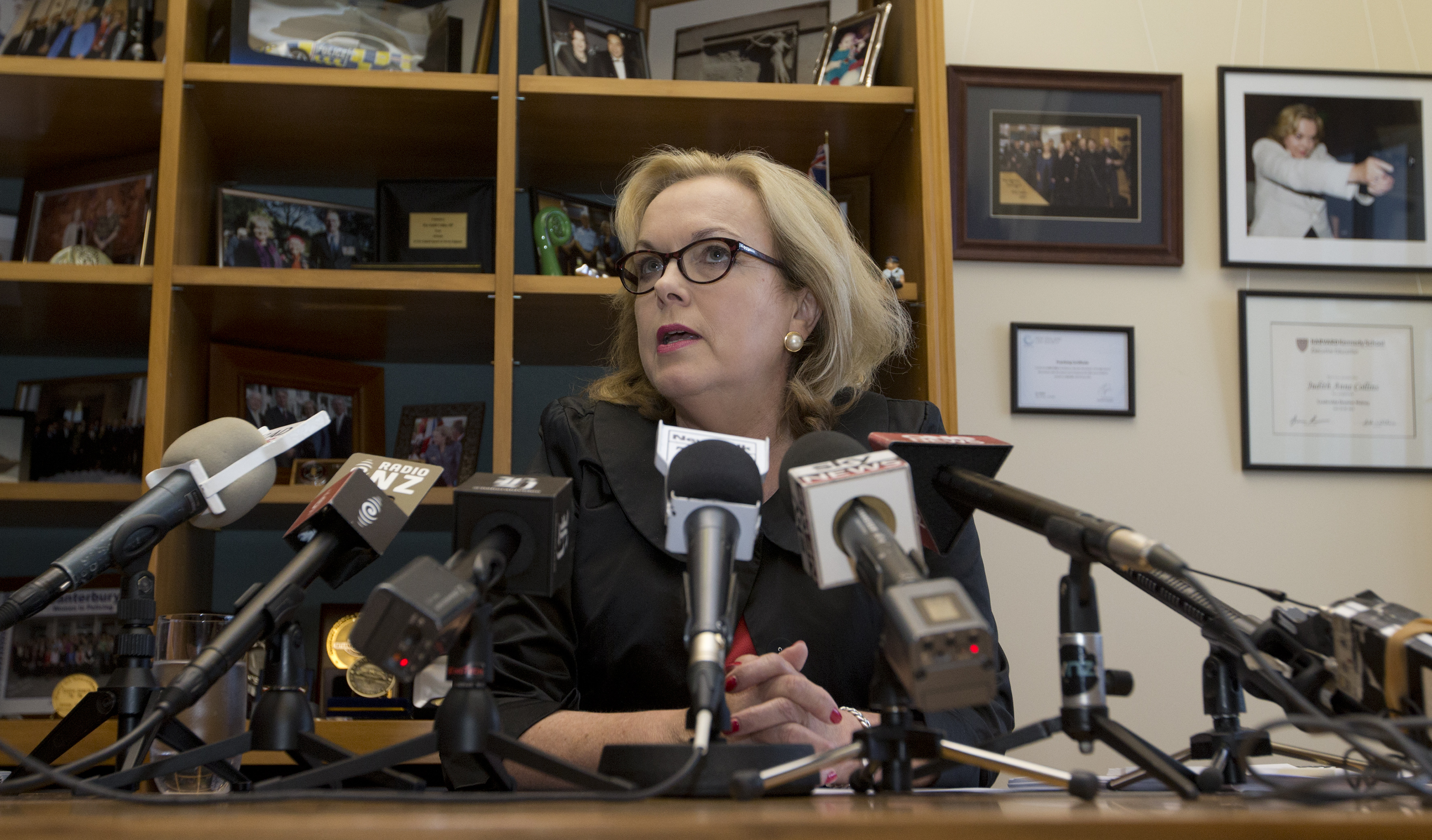 Judith Collins addresses media after being cleared of any wrongdoing. Photo / Mark Mitchell