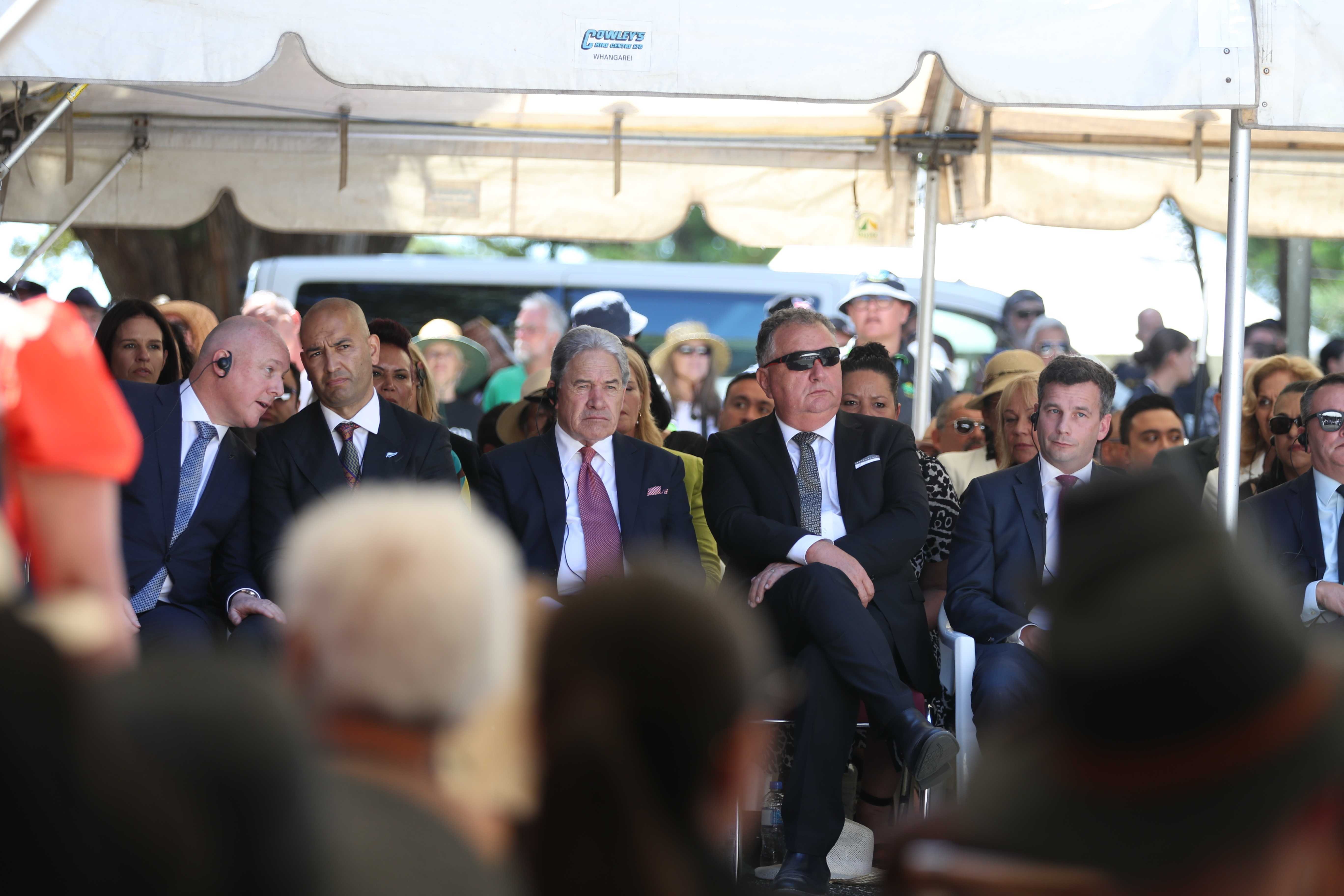 Prime Minister Christopher Luxon, Māori-Crown Relations Minister Tama Potaka, NZ First leader Winston Peters, his deputy Shane Jones and Act Leader David Seymour after being welcomed on to Waitangi Treaty Grounds on Monday. Photo / Michael Cunningham