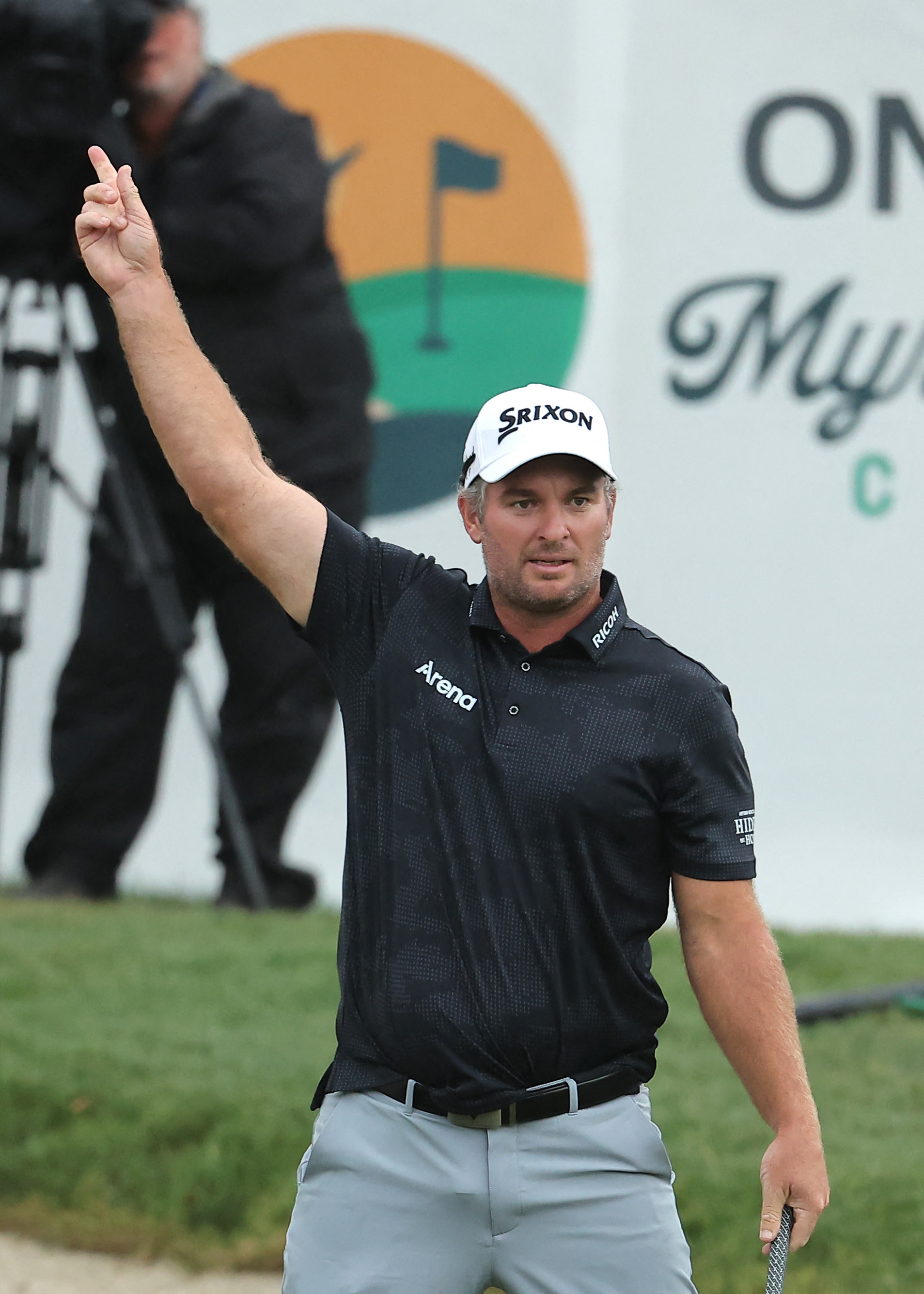Ryan Fox of New Zealand reacts after chipping in on the 18th green during the first playoff hole to win the final round of the Myrtle Beach Classic 2025. Photo / AFP