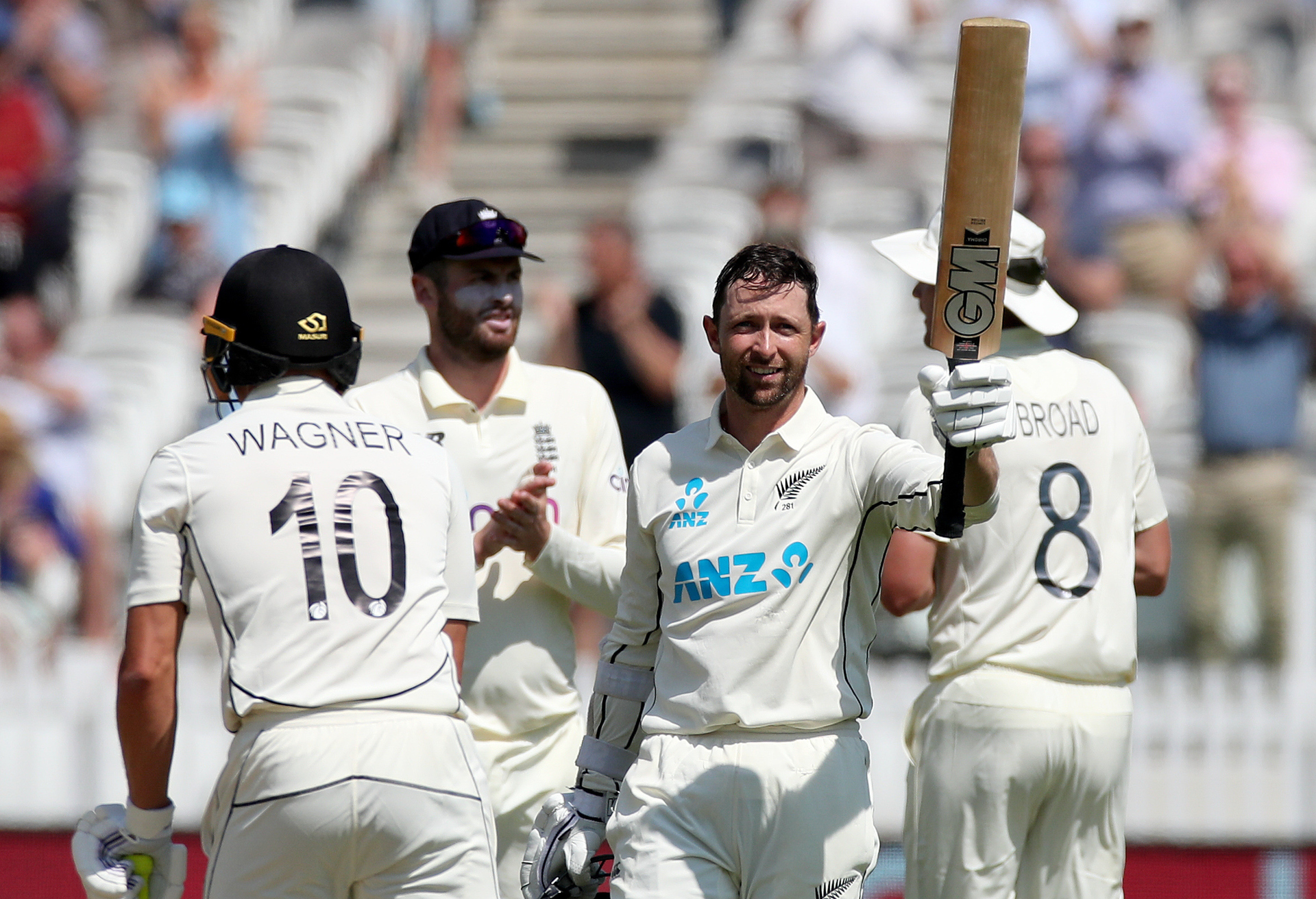 Devon Conway celebrates 200 on test debut against England (2021). Photo / Photosport