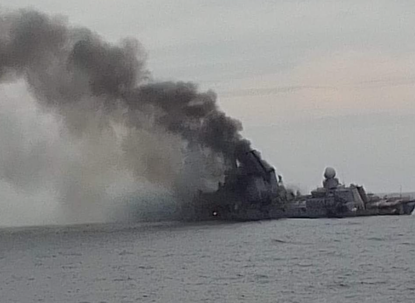 Images appear to show the Russian warship Moskva heavily damaged and on fire in the Black Sea. Photo / via Twitter