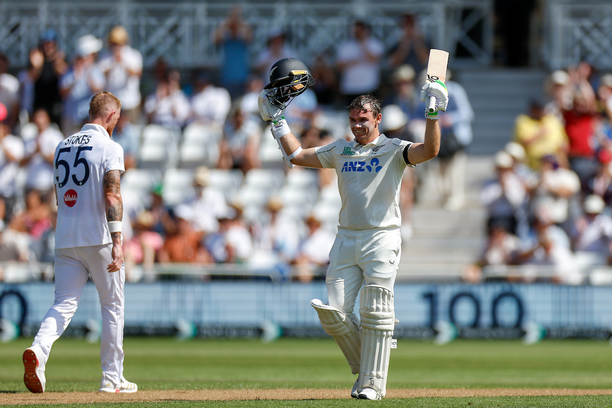 Tom Latham celebrates reaching his century on day one of the third test between the Black Caps and England in Nottingham. Photo / Photosport