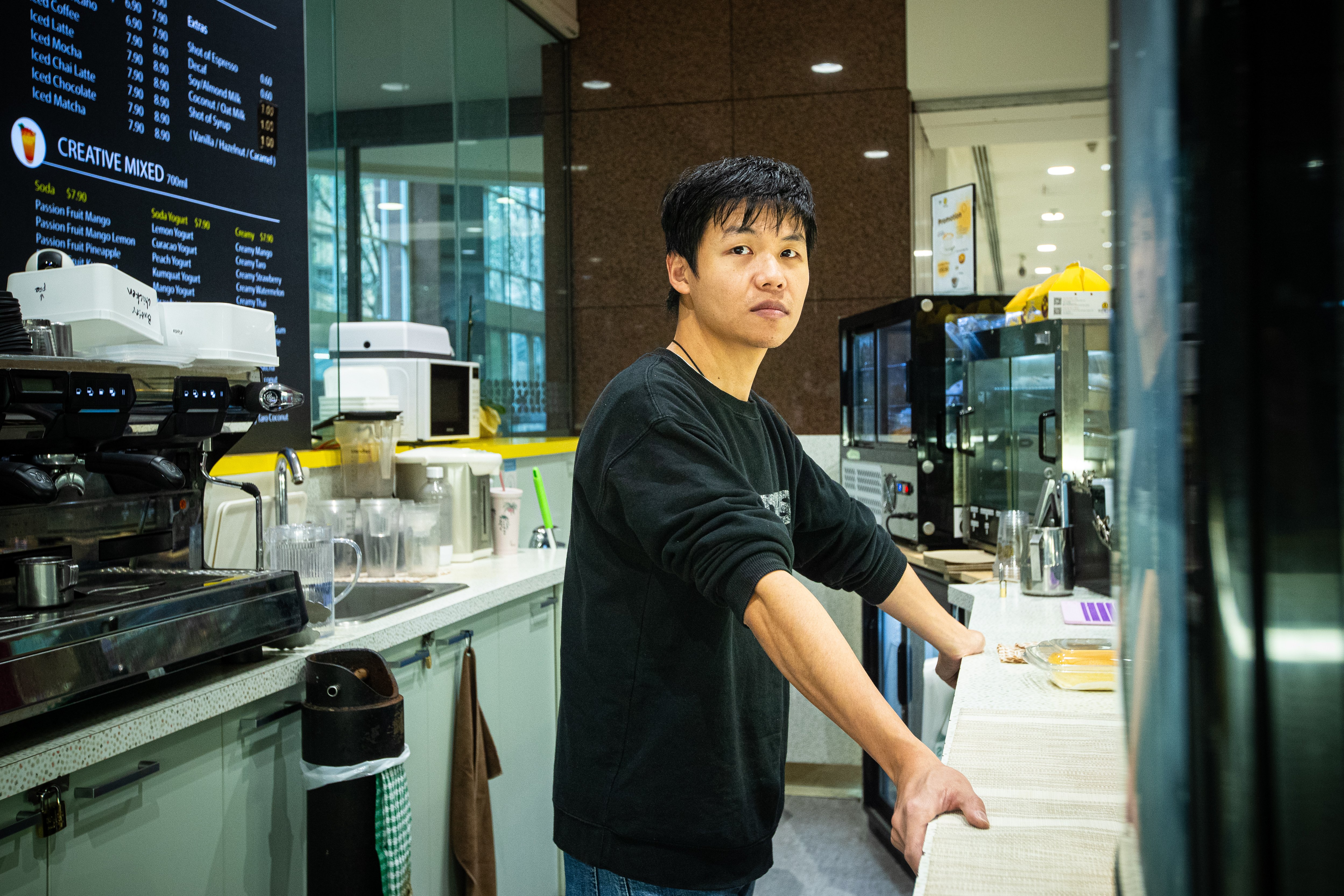 Nolan Zhou, manager of Yuan Taste Cafe in Atrium on Elliott, says he worries about even going to the toilet after his cakes and desserts got stolen when he forgot to lock his cake cabinet. Photo / Jason Dorday