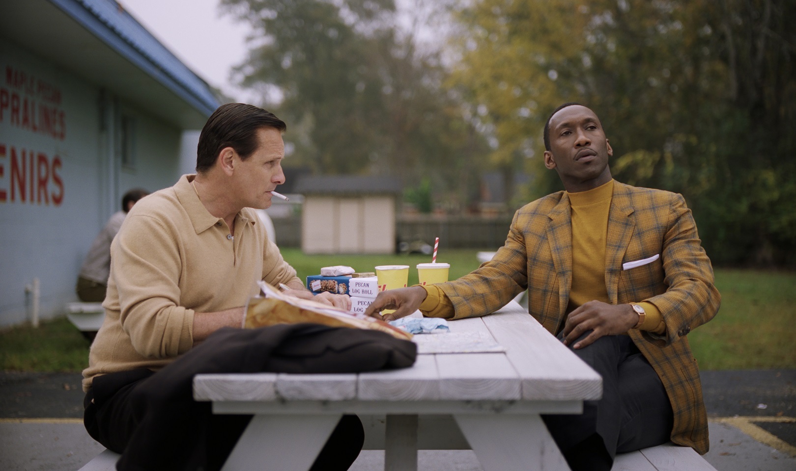 Viggo Mortensen as Tony Vallelonga and Mahershala Ali as Dr. Donald Shirley in Green Book, directed by Peter Farrelly.