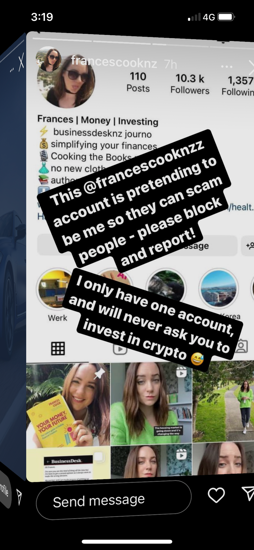 Frances Cook had to warn her followers twice, over a week, about a fake but real-looking clone of her account, which was pushing a crypto scam.
