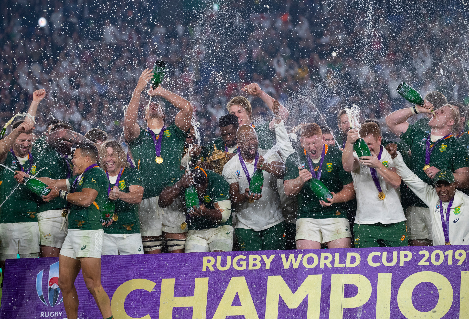 The Springboks celebrating with the Webb Ellis Cup after their victory over England in the Rugby World Cup 2019 final played at International Stadium Yokohama, Japan. Photo / Mark Mitchell.