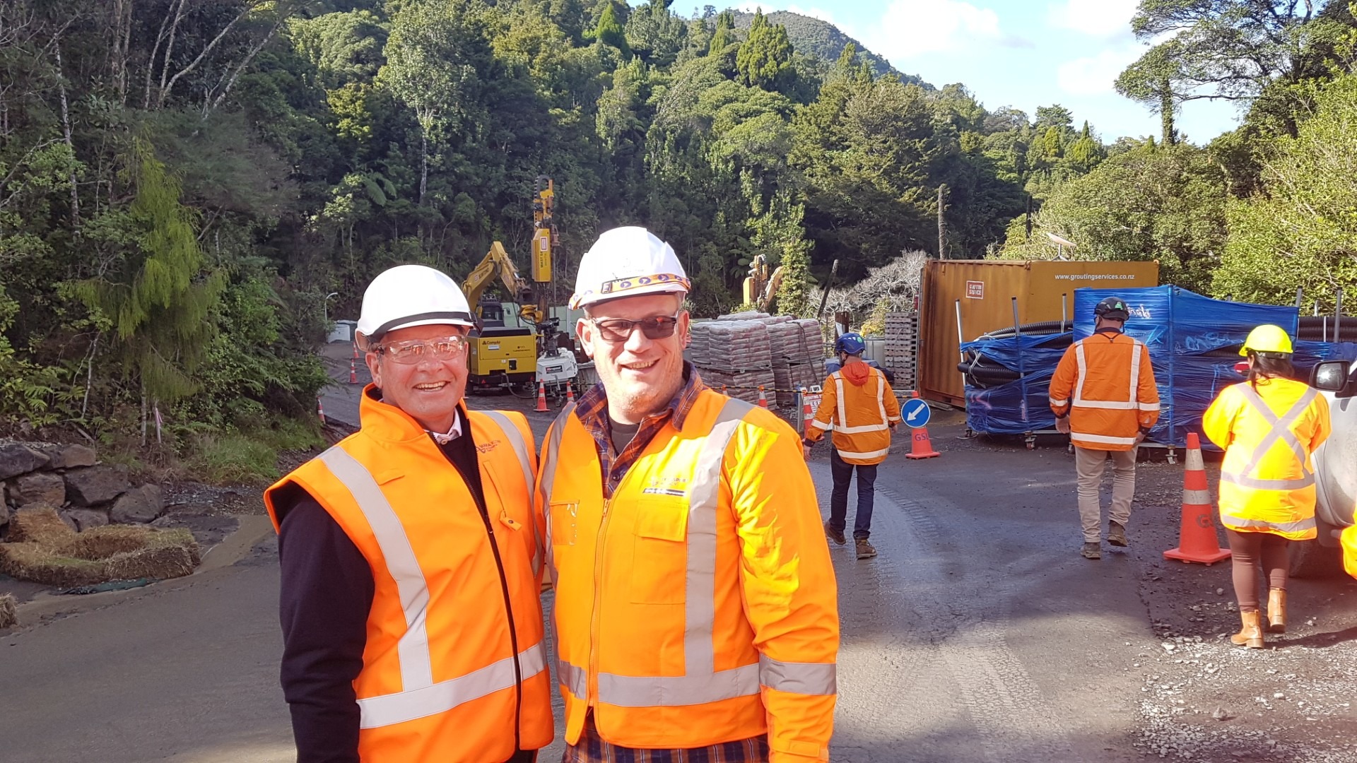 NZTA Waka Kotahi Mangamuka Project Director Mark Ware and senior project manager Hendrik Postma are delighted at the progress work on the Mangamuka Gorge repair work.