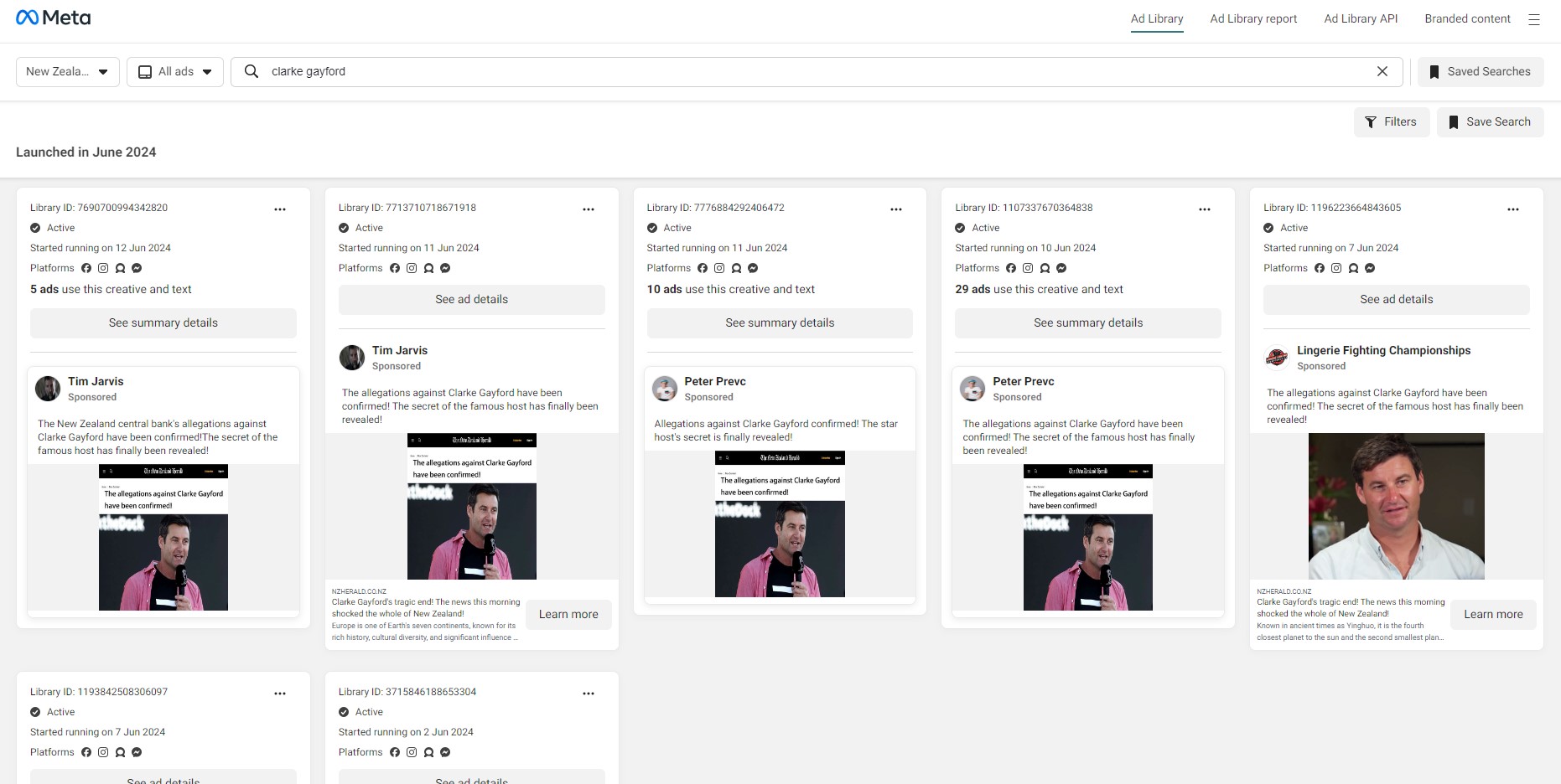 A screenshot of Facebook's ad library shows a number of ads that were approved by Meta. The ads approved are fake news stories that were generated by scammers. The latest ad appears to have been approved on June 12, 2024.