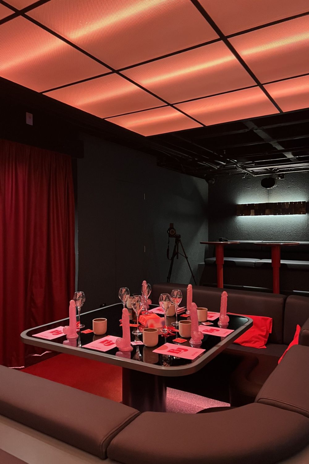 Every booth was set with a glittery, pink dildo per person, condoms, lube and wet wipes. Photo / Supplied