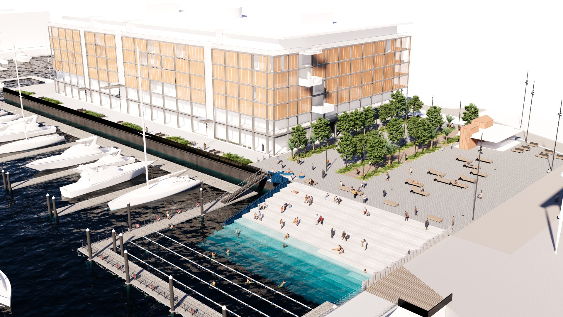Artist impression of the new open-air saltwater swimming pool at Wynyard Harbour.