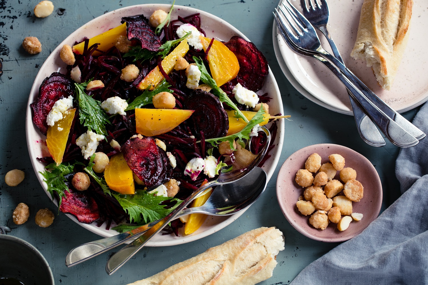 Beetroot salad with rocket, macadamia and goat's cheese. Photo / Babiche Martens