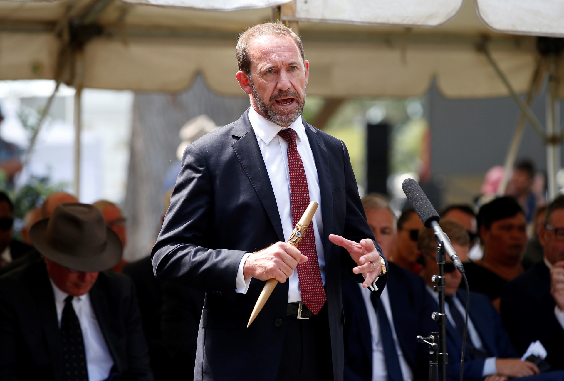 Treaty Minister Andrew Little speaks on the paepae at the Waitangi Treaty Grounds. Photo / Michael Cunningham