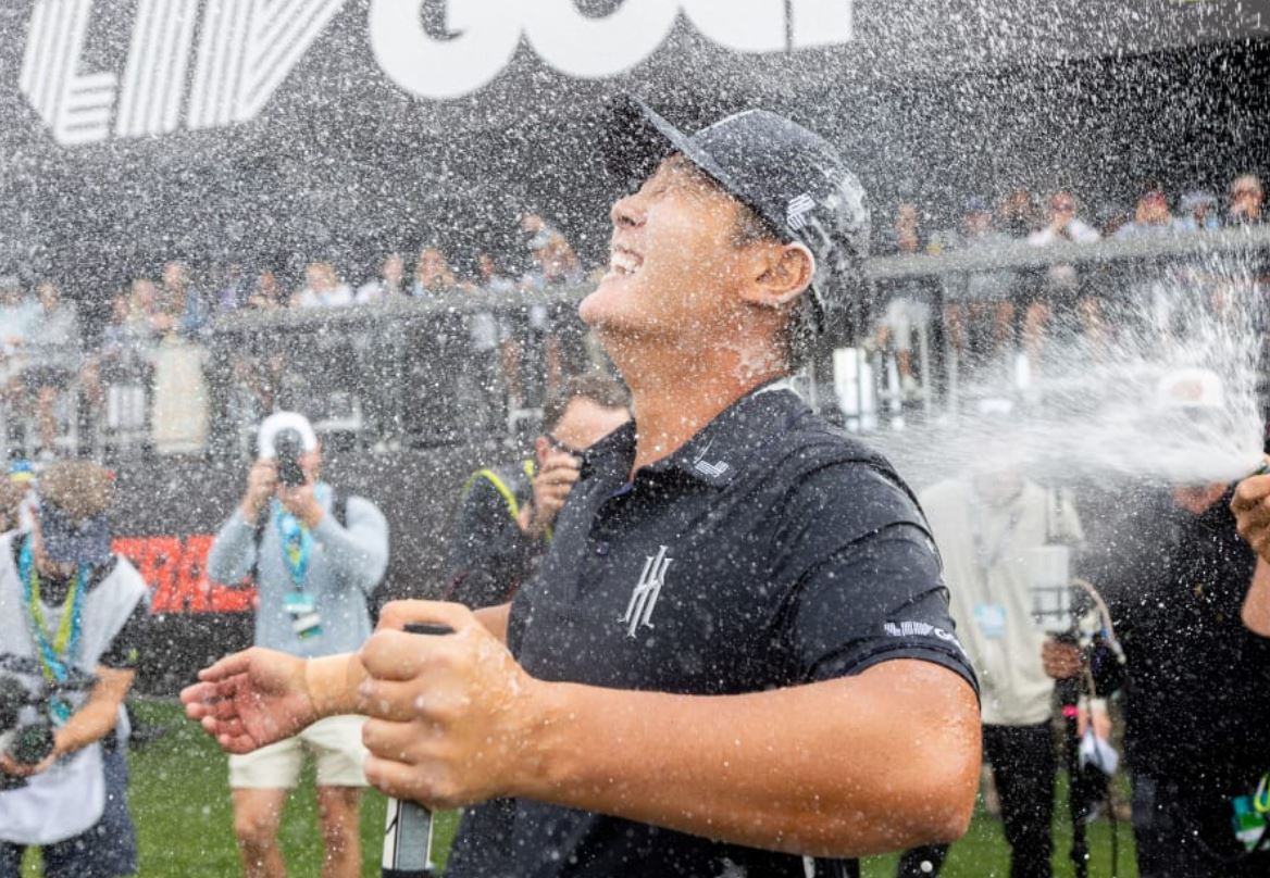 Danny Lee celebrates after winning at the playoff on the 18th hole during the final round of the LIV Golf League tournament at Tucson. Photo / photosport