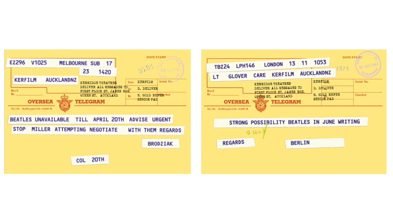 Part one of a series of telegrams outlining the frantic attempts to confirm tour dates. Photo / When We Was Fab: Inside The Beatles Australasian Tour 1964.