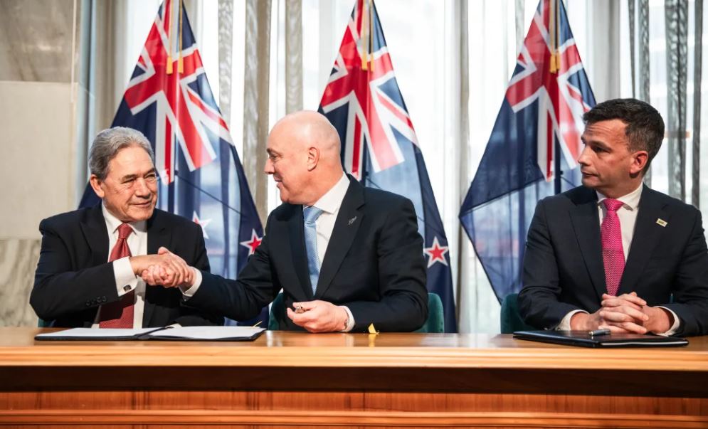NZ First leader Winston Peters with Prime Minister Christopher Luxon and Act leader David Seymour. Photo: RNZ / Samuel Rillstone