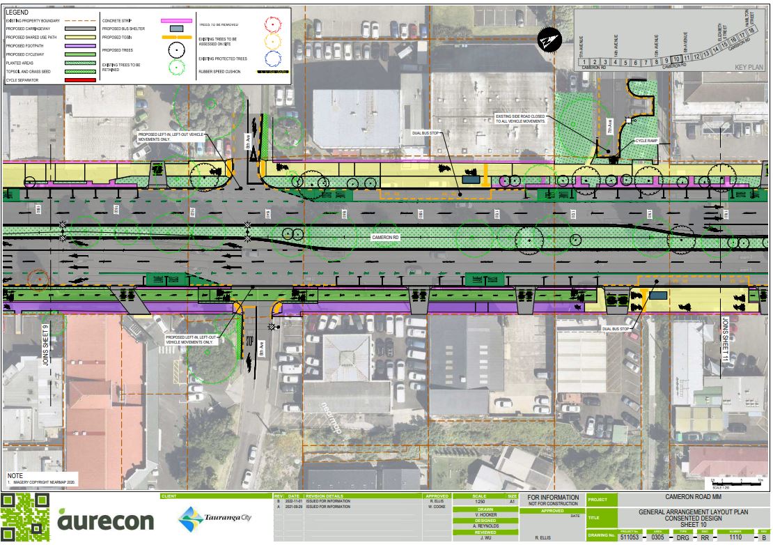 Cameron Rd upgrade, stage one plans showing what's in store between 8th and 7th Aves. Image / TCC