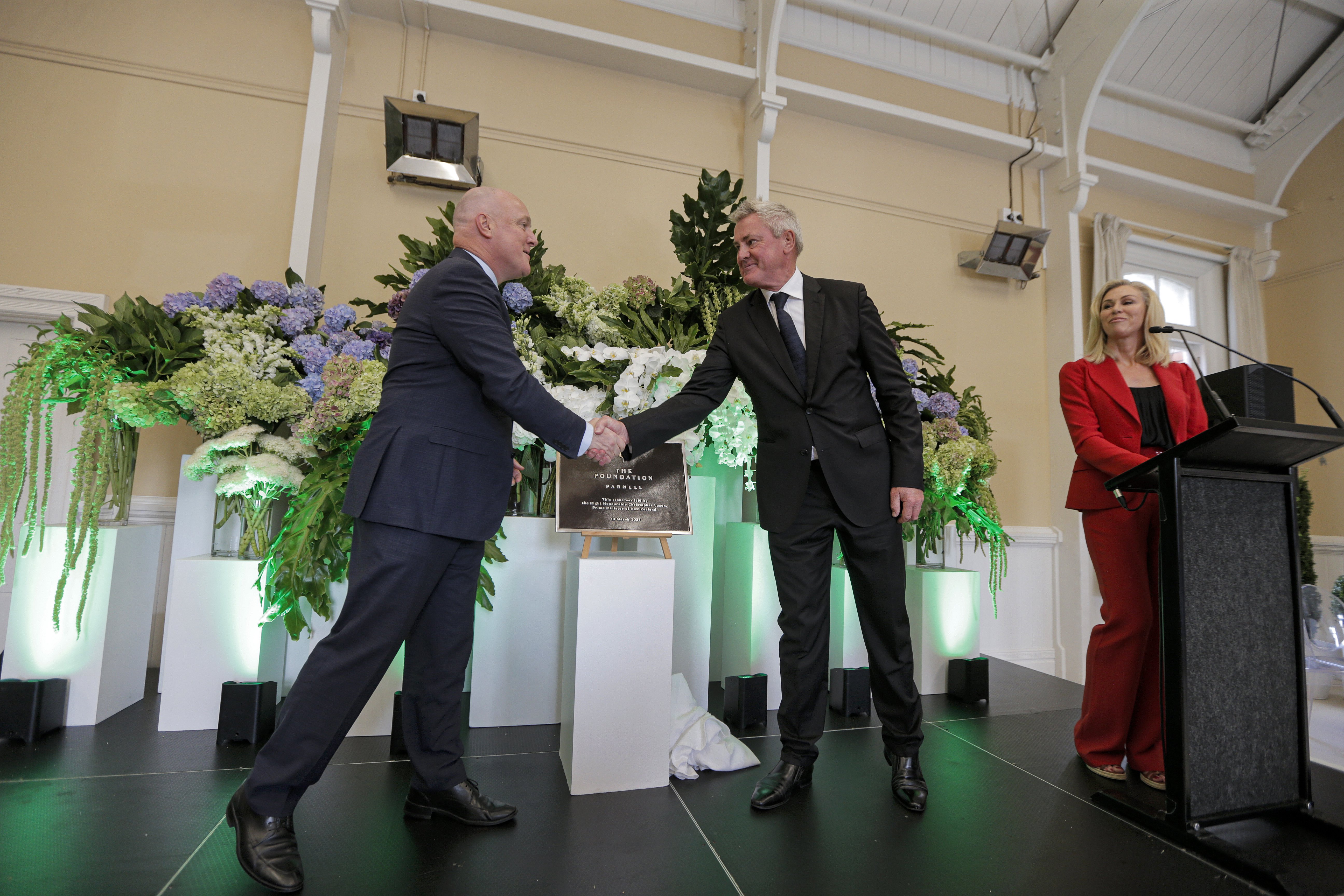Prime Minister Christopher Luxon with Graham Wilkinson of Generus Living Group, alongside Wendy Petrie at the opening of The Foundation in Parnell. Photo / Alex Burton