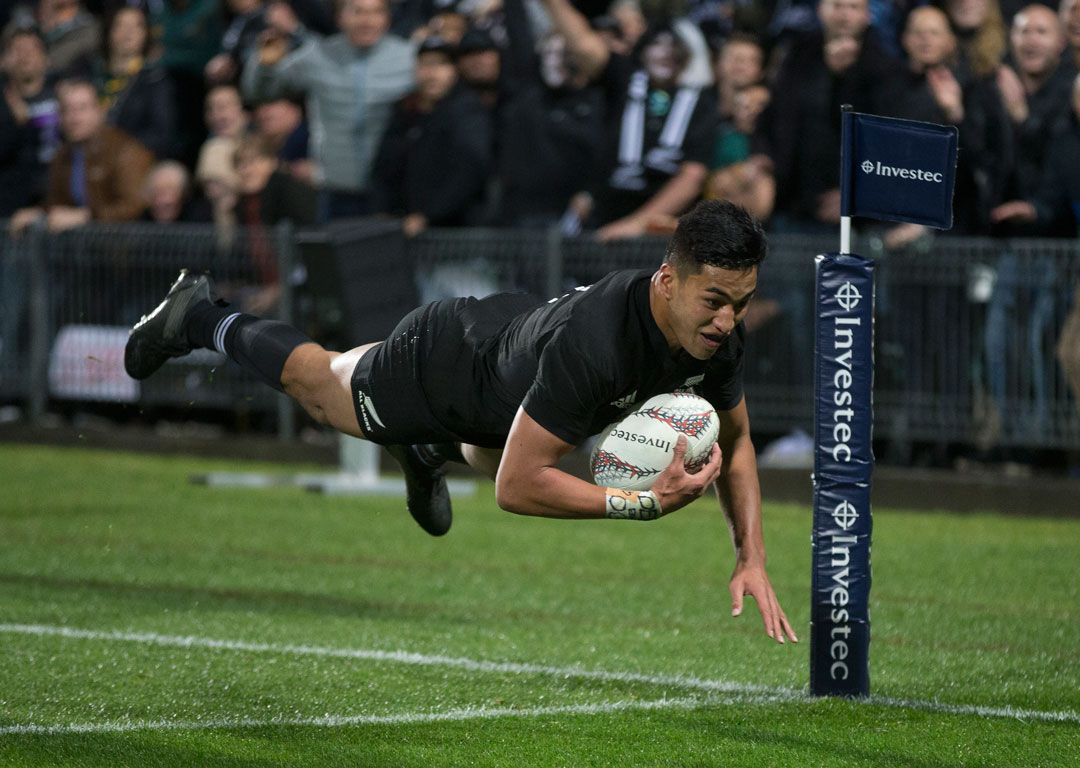 All Blacks winger Rieko Ioane scores against South Africa during the Rugby Championship test match at North Harbour Stadium. Photo / Brett Phibbs