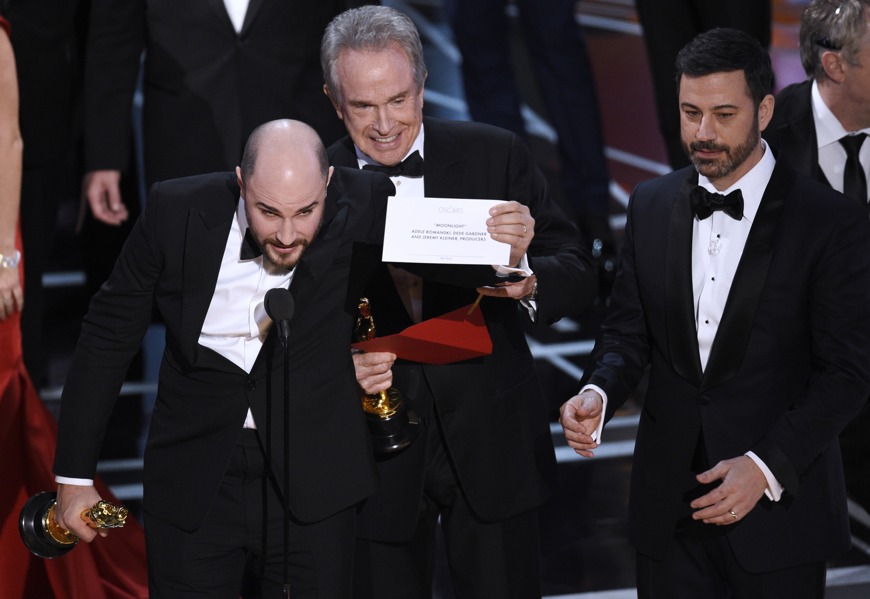La La Land producer Jordan Horowitz shows the envelope revealing Moonlight as the true winner of Best Picture at the Oscars. Photo / AP