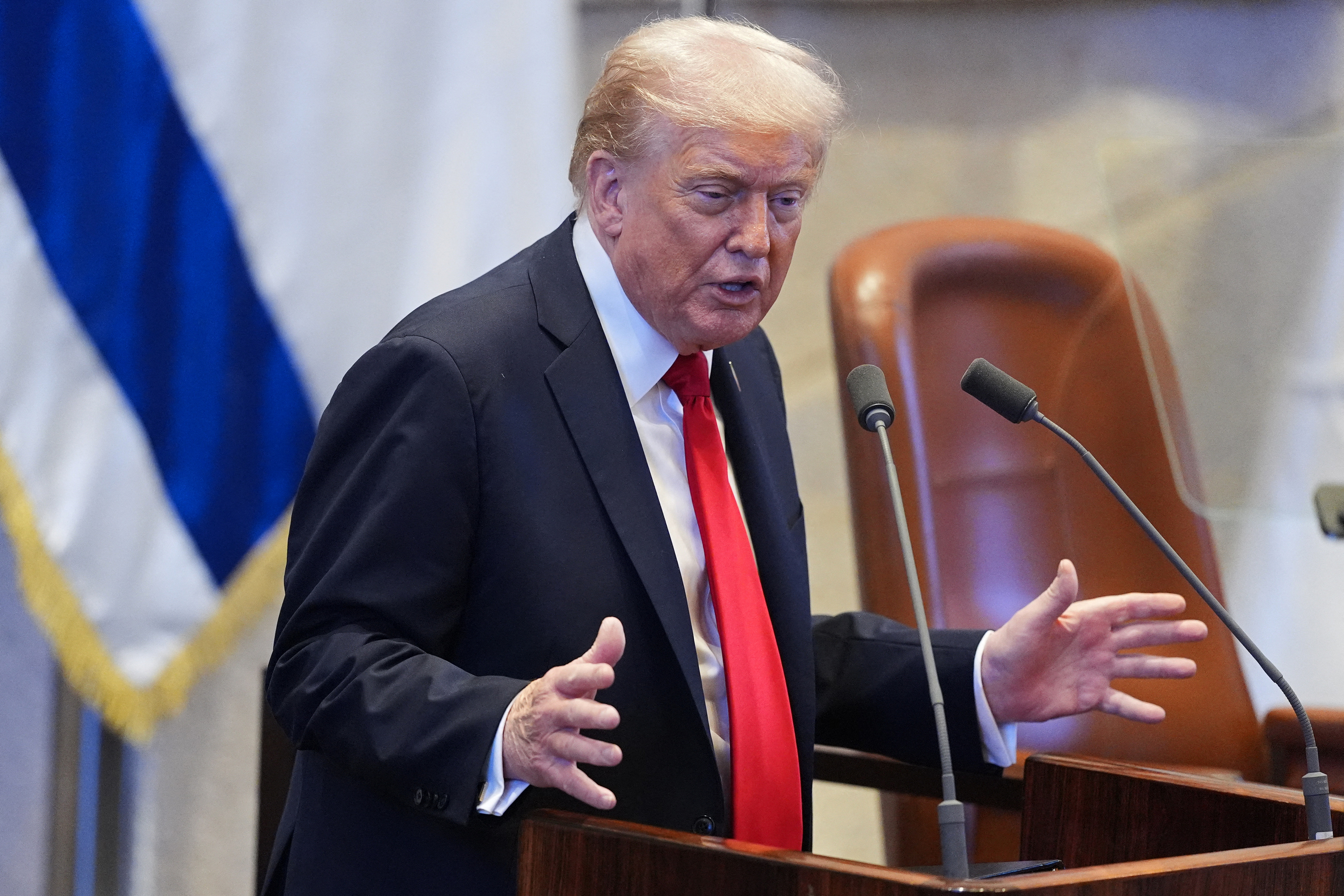 US President Donald Trump speaks at the Israeli parliament, the Knesset, in Jerusalem. Photo / Evan Vucci, POOL, AFP