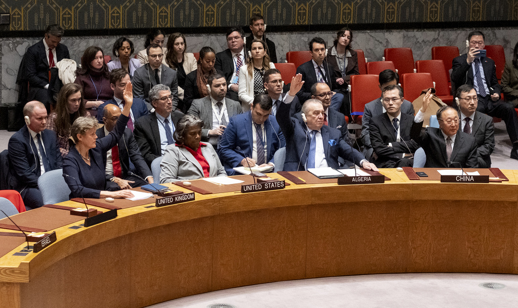 Linda Thomas-Greenfield, United States Ambassador and Representative to the United Nations, holds to abstain her vote as the United Nations Security Council passed a ceasefire resolution in Gaza during the Muslim holy month of Ramadan. Photo / AP