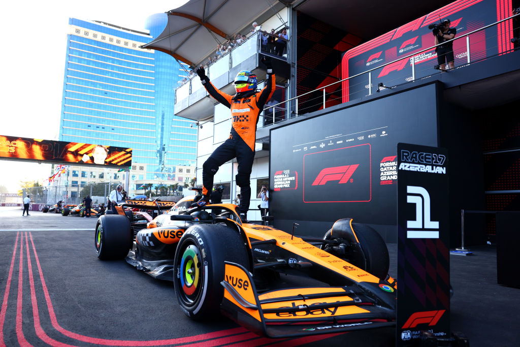 Race winner Oscar Piastri of Australia and McLaren celebrates in parc ferme during the F1 Grand Prix of Azerbaijan at Baku City Circuit. Photo / Getty Images