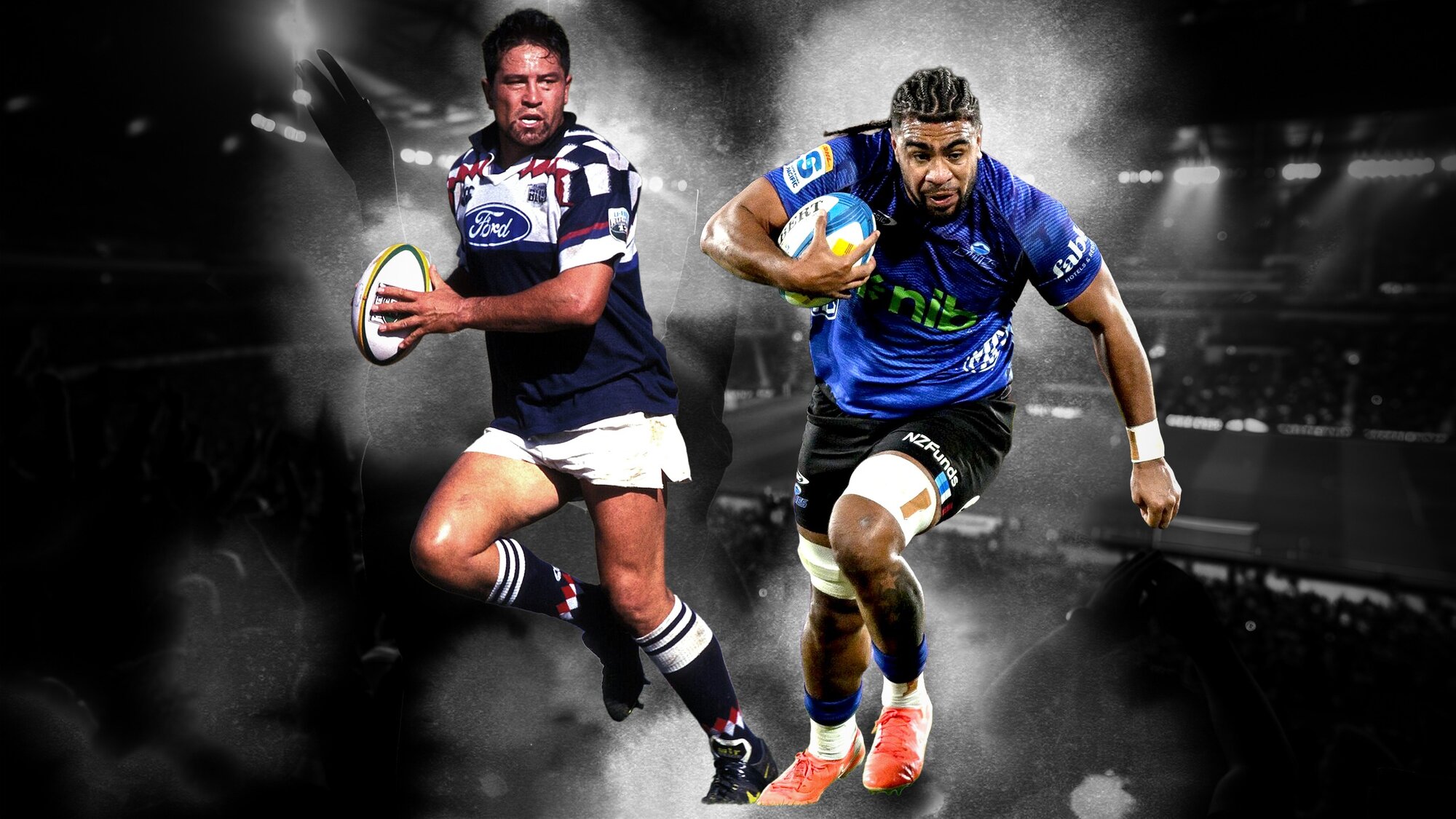 Zinzan Brooke and Hoskins Sotutu have both blended physicality and brilliance wearing the Blues No 8 jersey in Super Rugby. Photos / Photosport