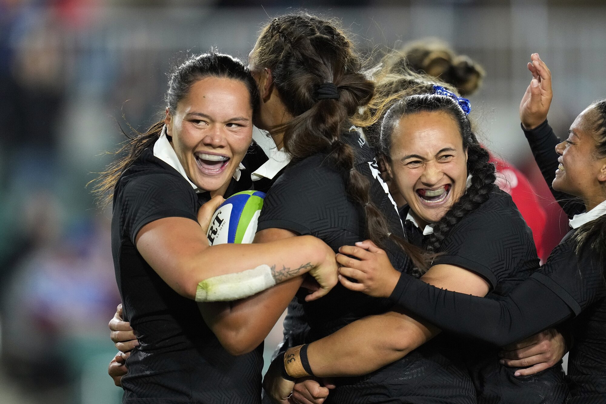 Black Ferns players celebrate a try by Maama Mo'onia Vaipulu against Canada. Photo / Photosport