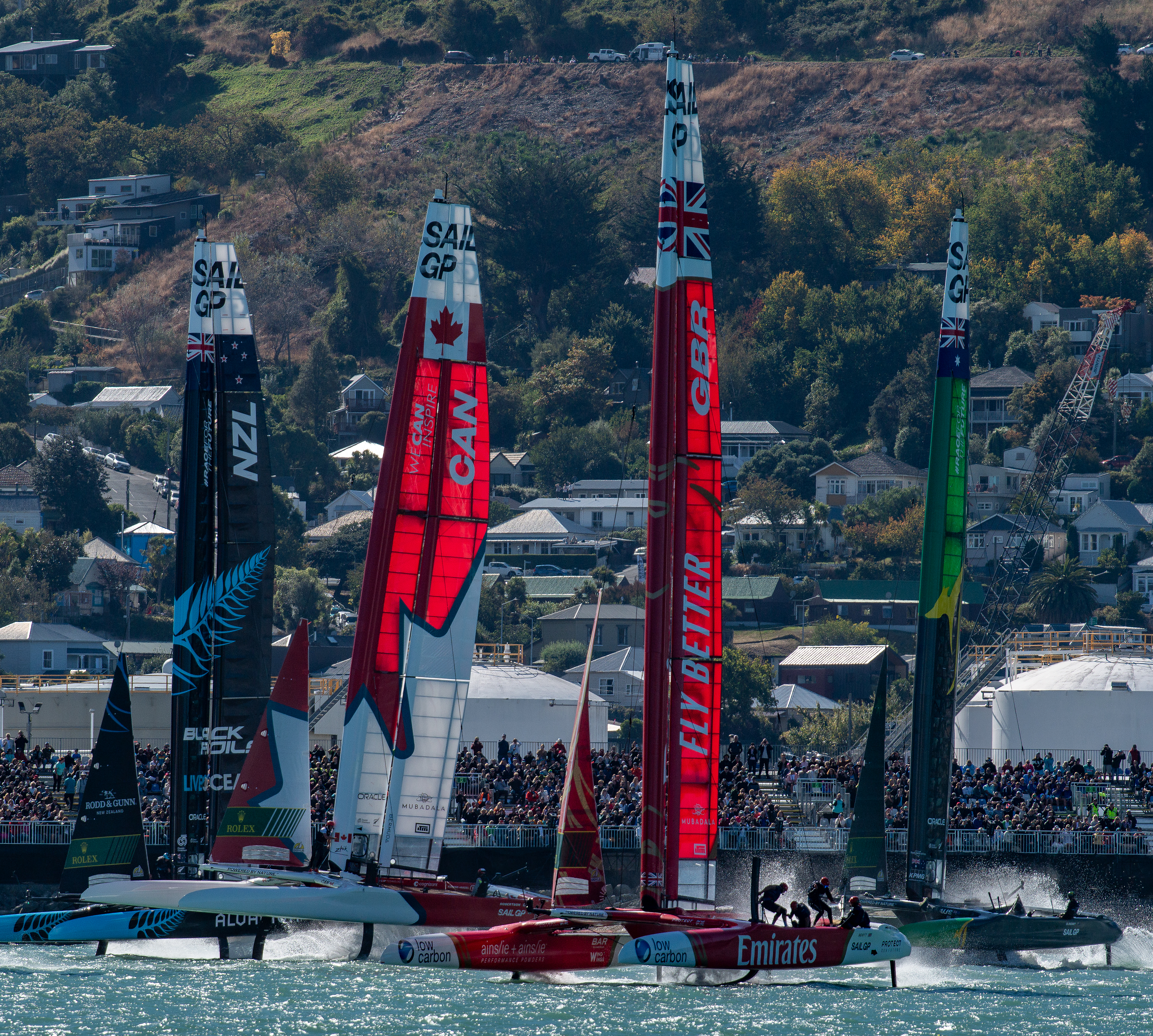 New Zealand, Canada, Great Britain and Australia in action during the second day of the 2024 SailGP event in Christchurch. Photo / Ricardo Pinto, SailGP