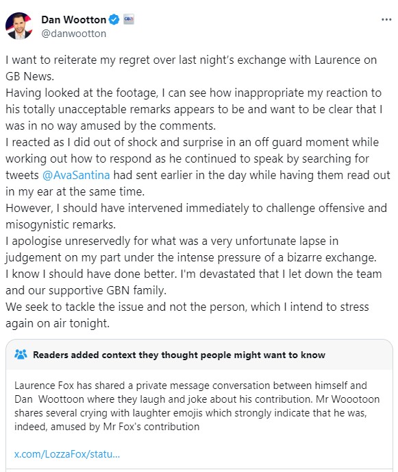 Dan Wootton apologised on social media. He has now been suspended by GB News and sacked by the Daily Mail as a columnist.