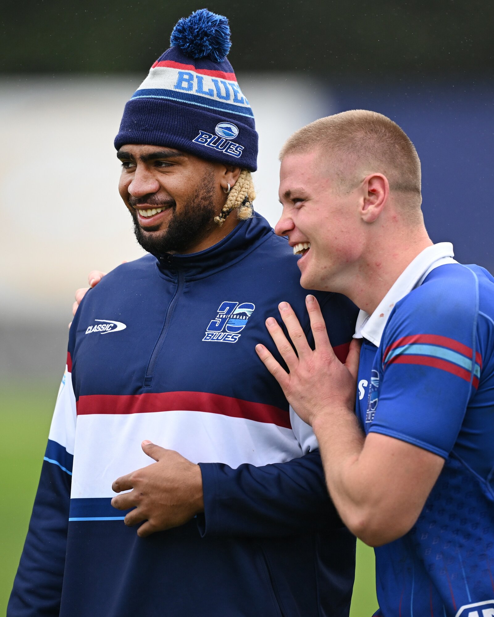 Anton Segner (right) with Hoskins Sotutu at Blues training. Photo / Photosport
