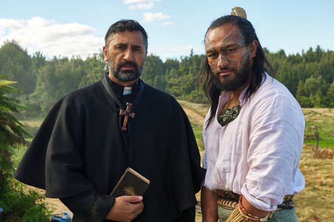 Cliff Curtis as Wi Toka and Te Wakaunua Te Kurapa as Te Whenuanui in Ka Whawhai Tonu