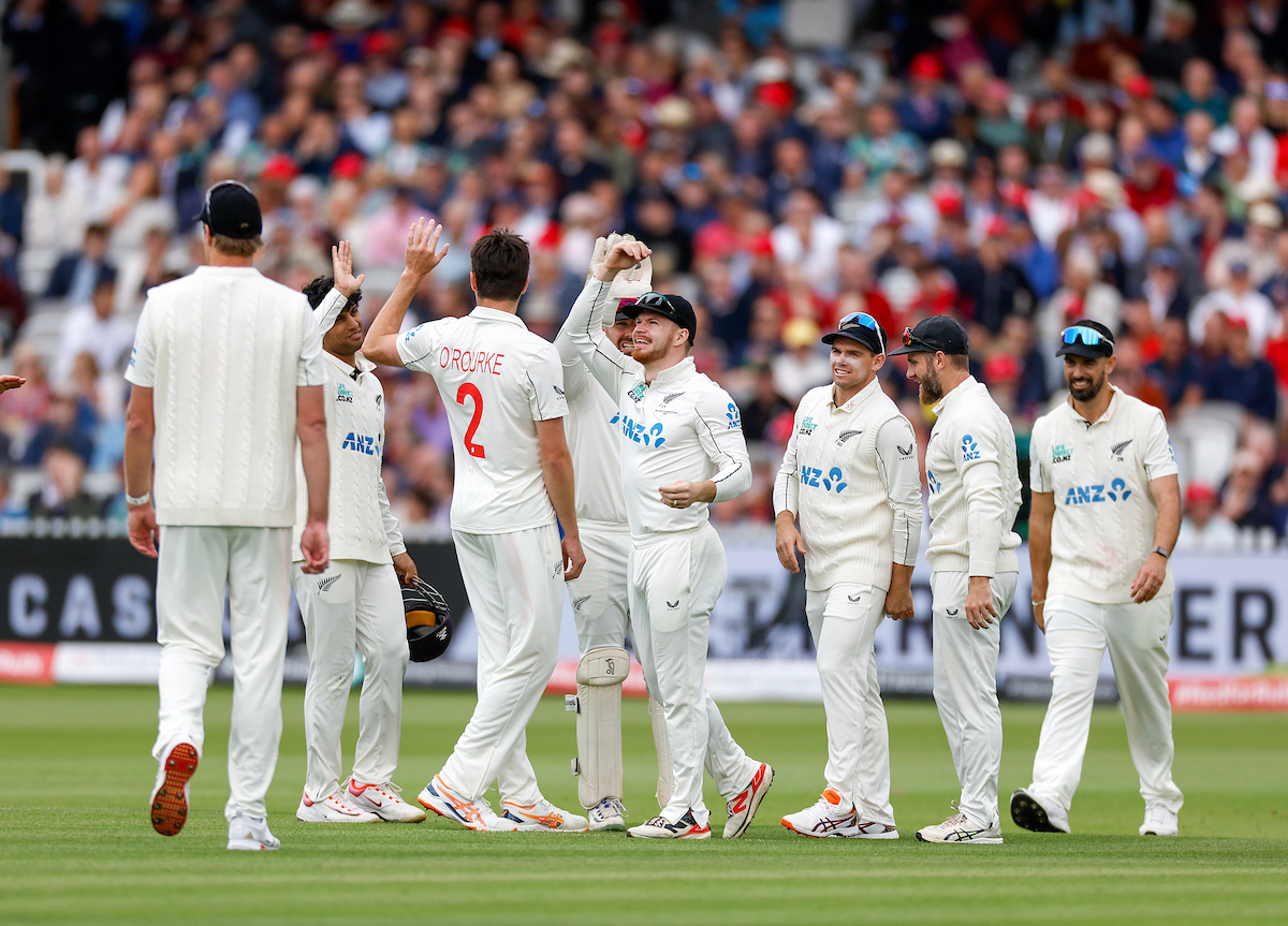 The Black Caps celebrate the wicket of England's Ben Duckett at Lord's. Photo / Photosport