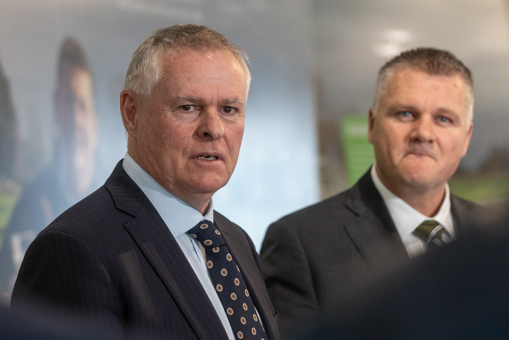 Fonterra chair Peter McBride (left) and chief executive Miles Hurrell at the Lactalis announcement. Photo / NZME 