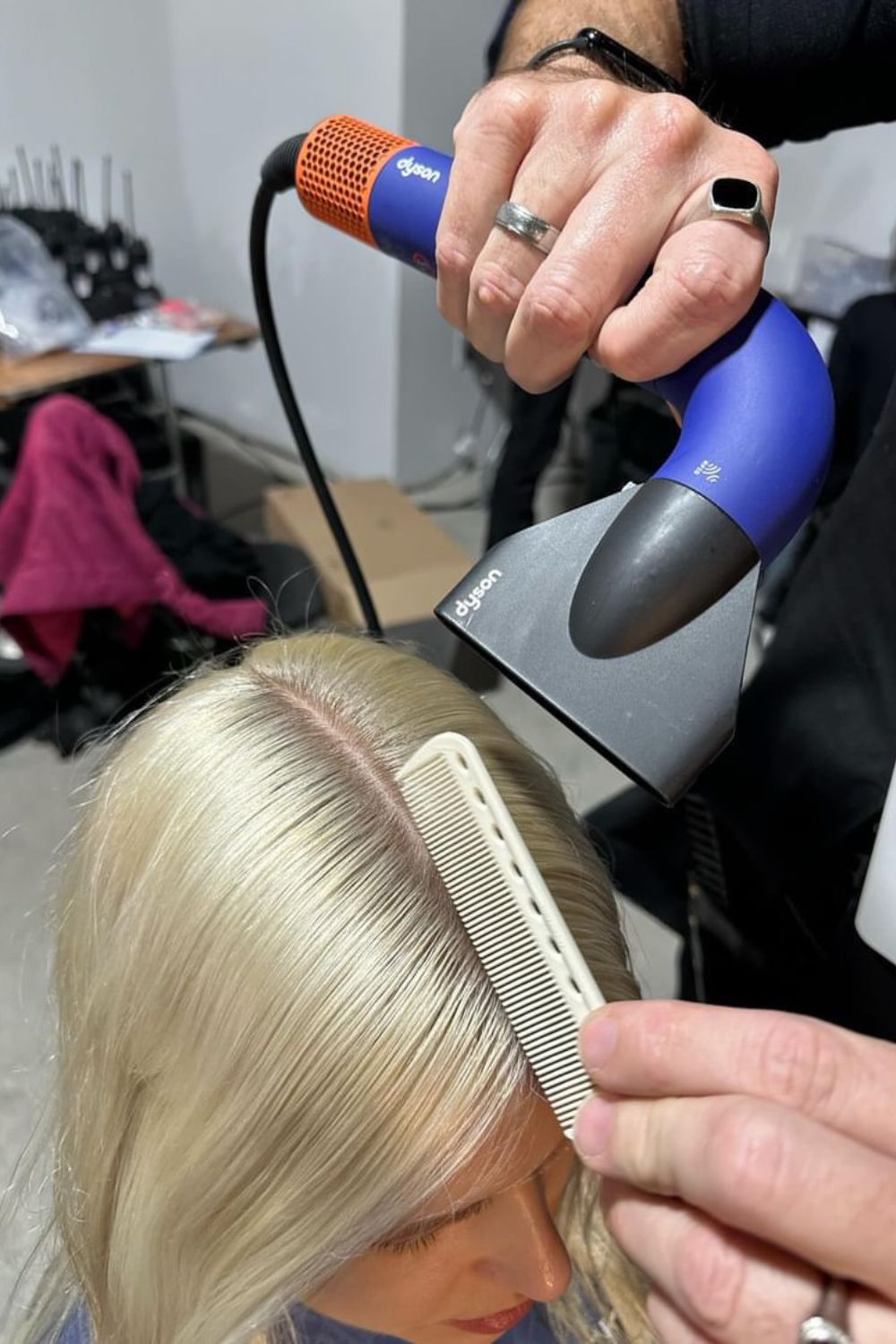 Michael reached for Dyson's newest professional-only innovation to create a super smooth parting for the Meruert Tolegen show. 