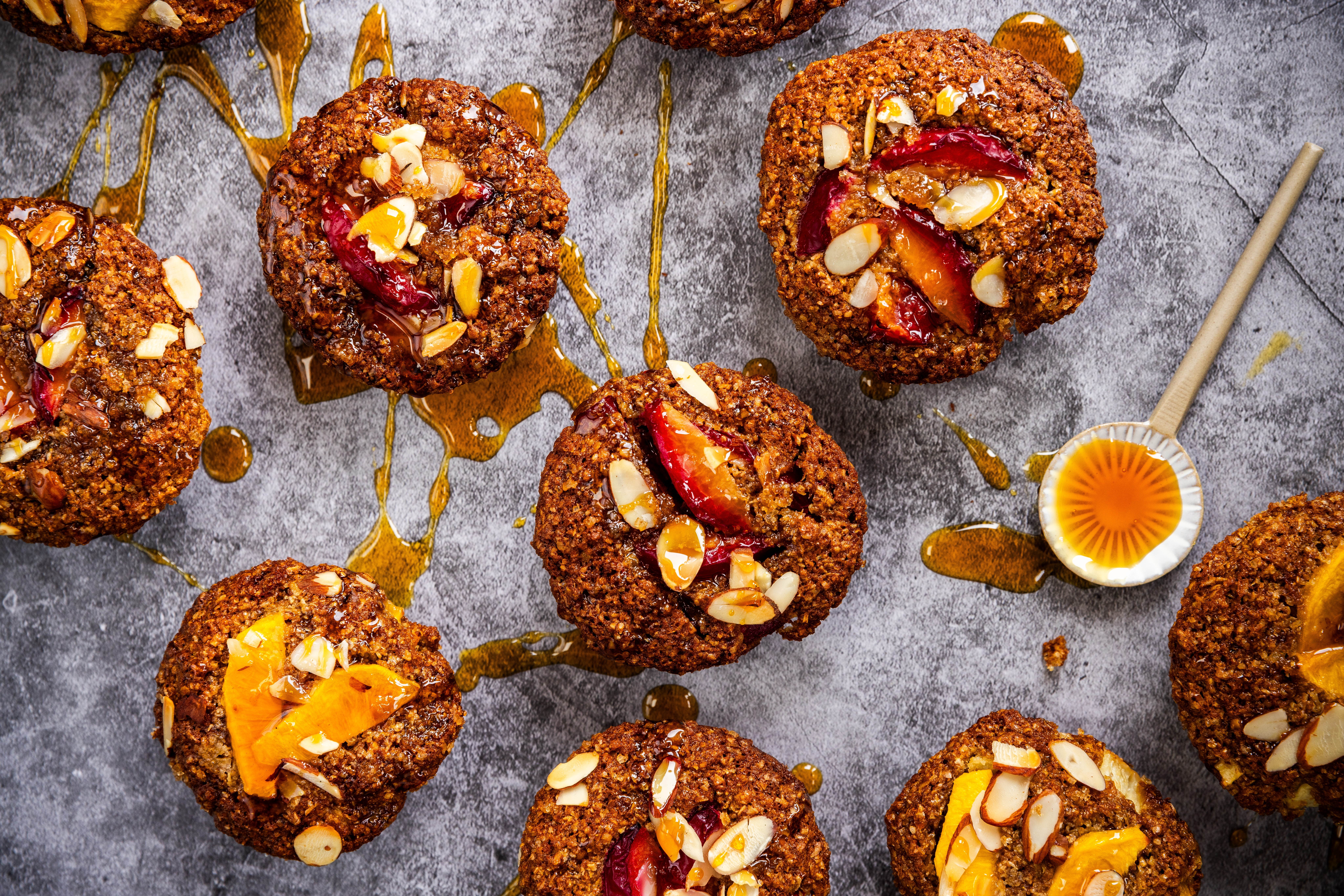Turn leftover fruit into these peach and plum bran muffins. Photo / Babiche Martens