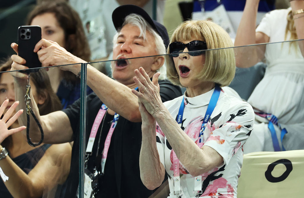 Anna Wintour and Baz Luhrmann attend the Artistic Gymnastics Women's Qualification on day two. Photo / Getty Images
