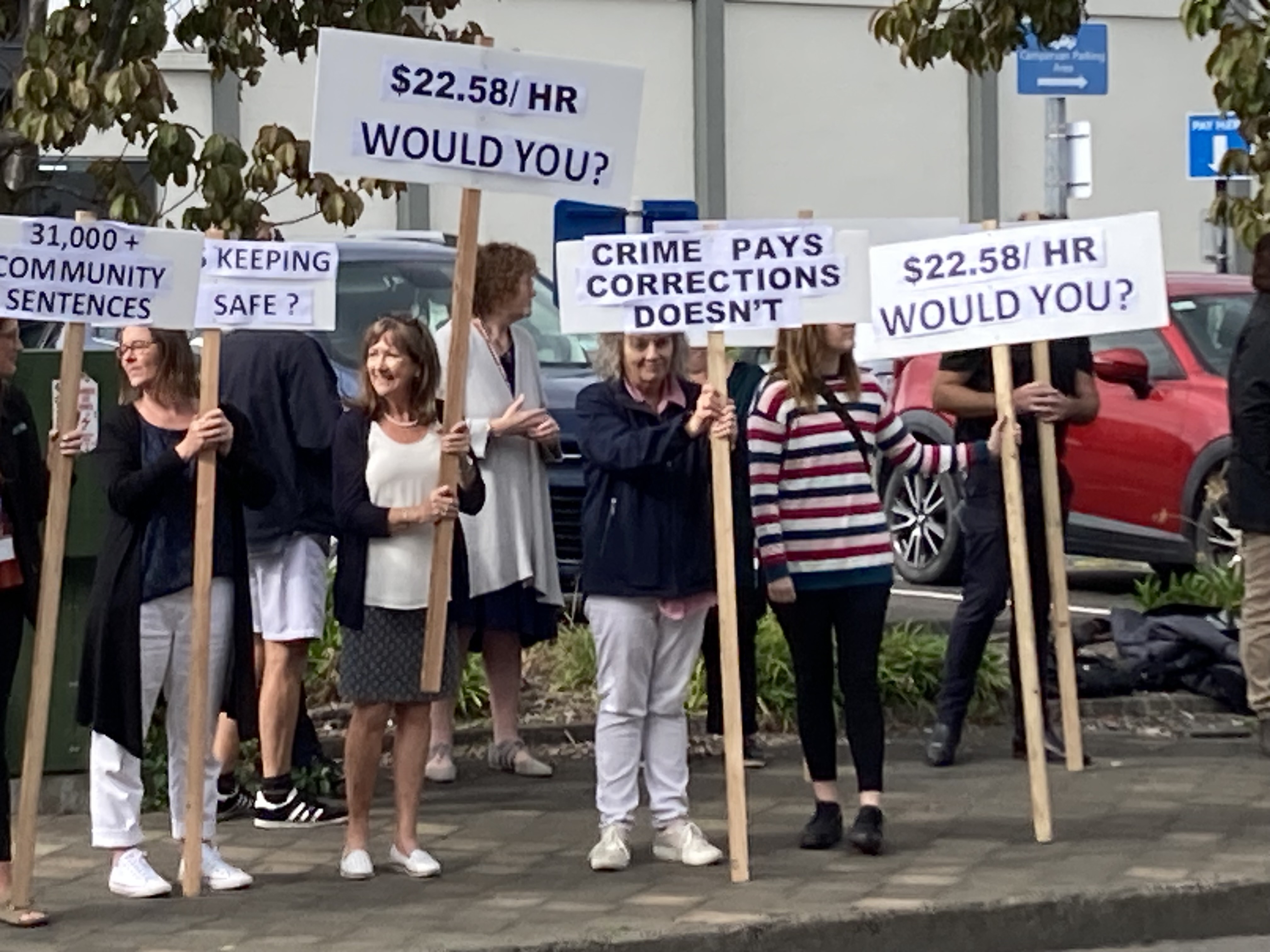 Community Corrections staff picket outside the Hastings courthouse after the rejection of a pay deal.