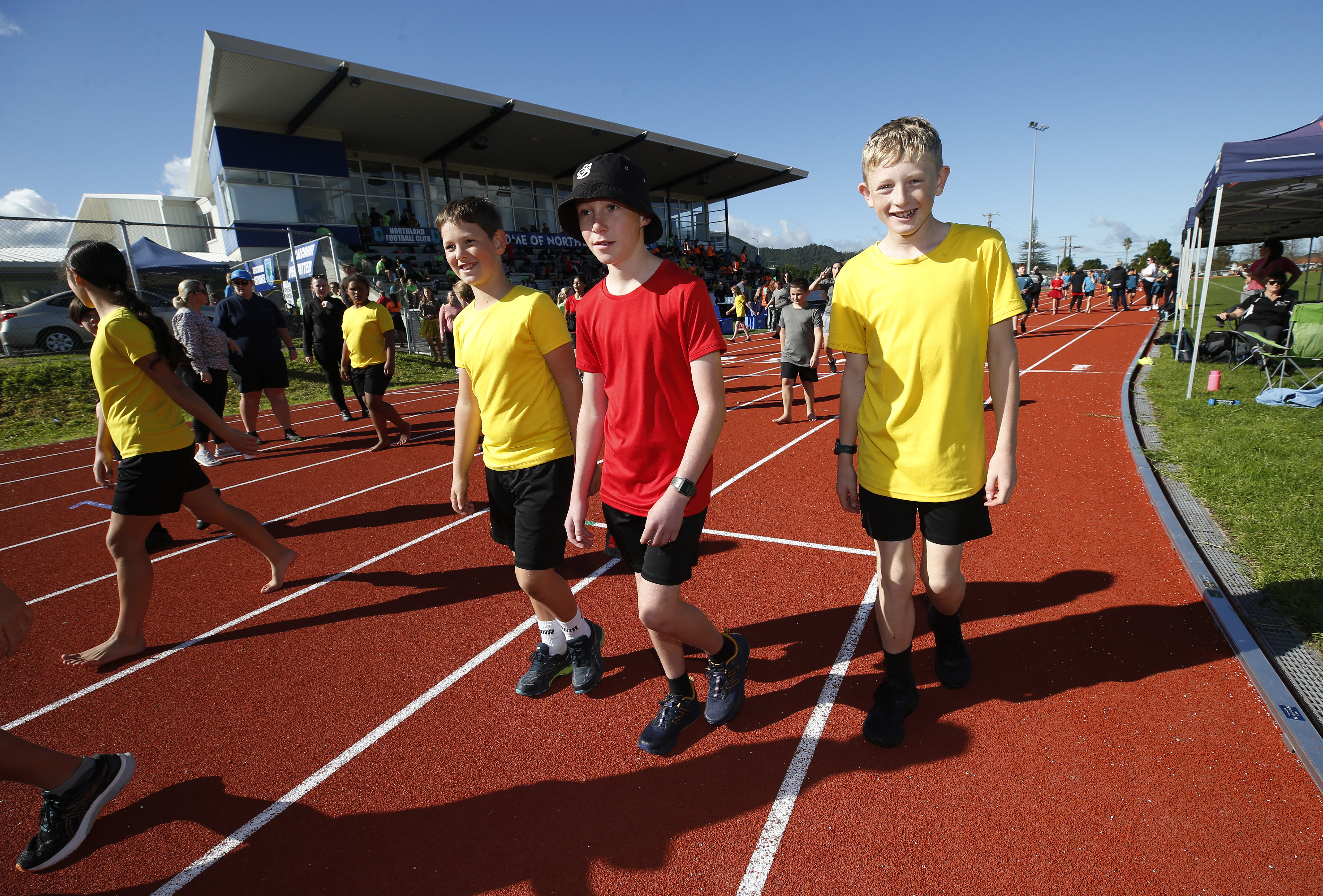 Kamo Intermediate School students Toby Montieth, 11, AJ Crene, 12, and Thomas Taylor, 11, at the Mighty Walk fundraiser. Photo / Michael Cunningham