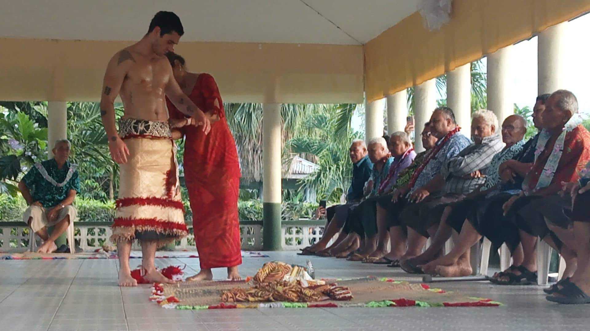 Riverdale star KJ Apa is dressed in traditional Samoan finery as he takes part in a special ceremony in which he was bestowed a chiefly title in his village of Moata'a today. Photo / Radio Samoa