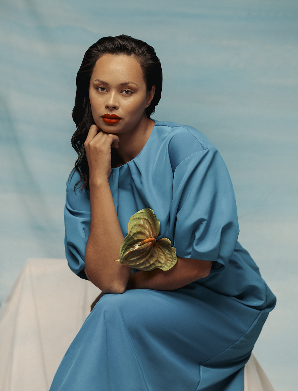 Like the tranquil colour of the ocean, this striking blue dress from Kate Sylvester, $229, evokes the spirit of the Pacific. Photo / Hōhua Ropate Kurene