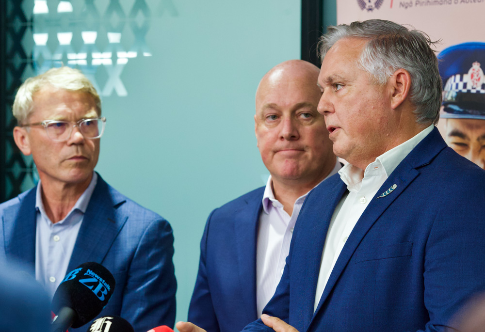 Ministers Paul Goldsmith and Mark Mitchell (Corrections) flank Prime Minister Christopher Luxon during a crime stand up in February. Photo / Jason Dorday